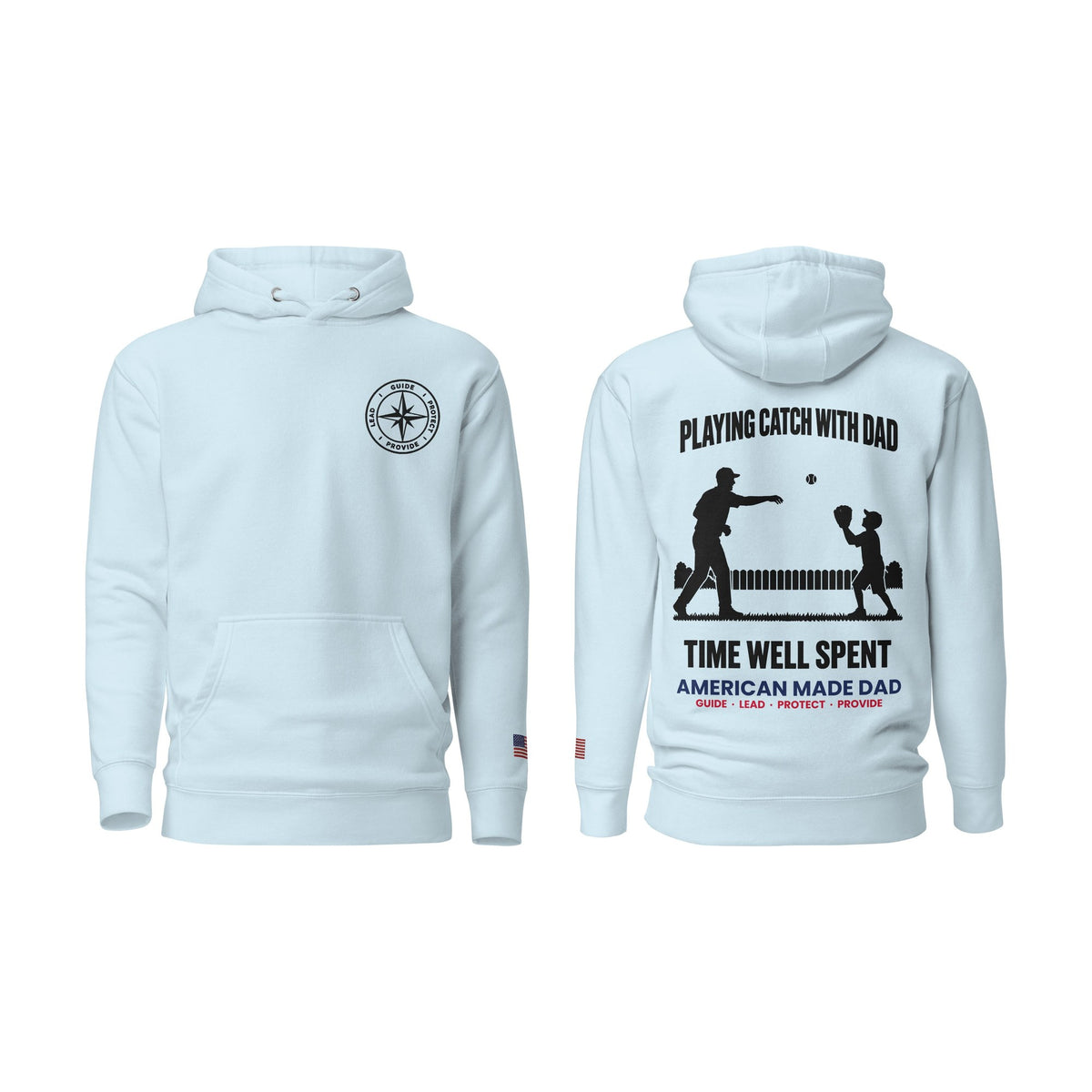 Playing Catch With Dad hoodie, Sky Blue, front and back
