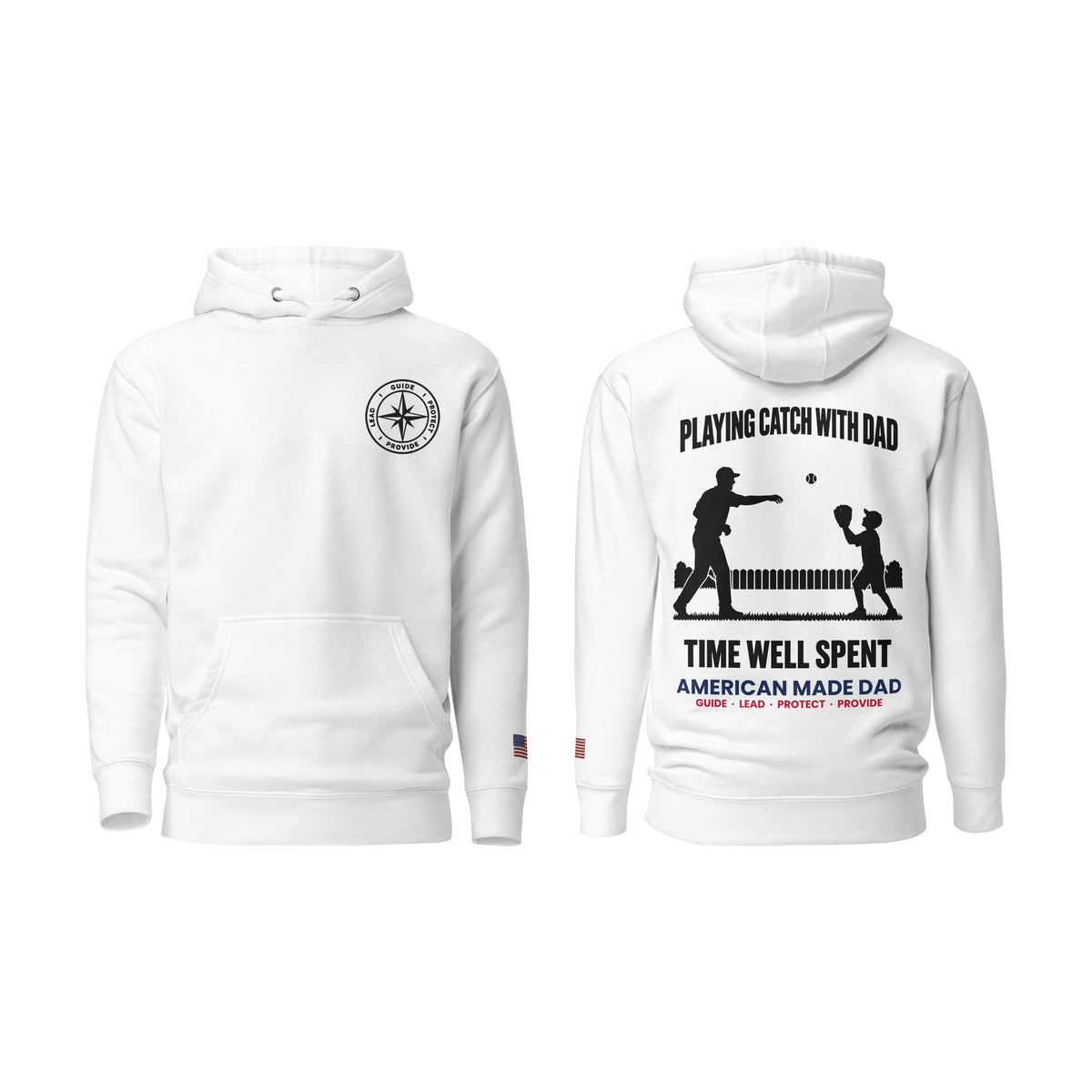 Playing Catch With Dad hoodie, White, front and back