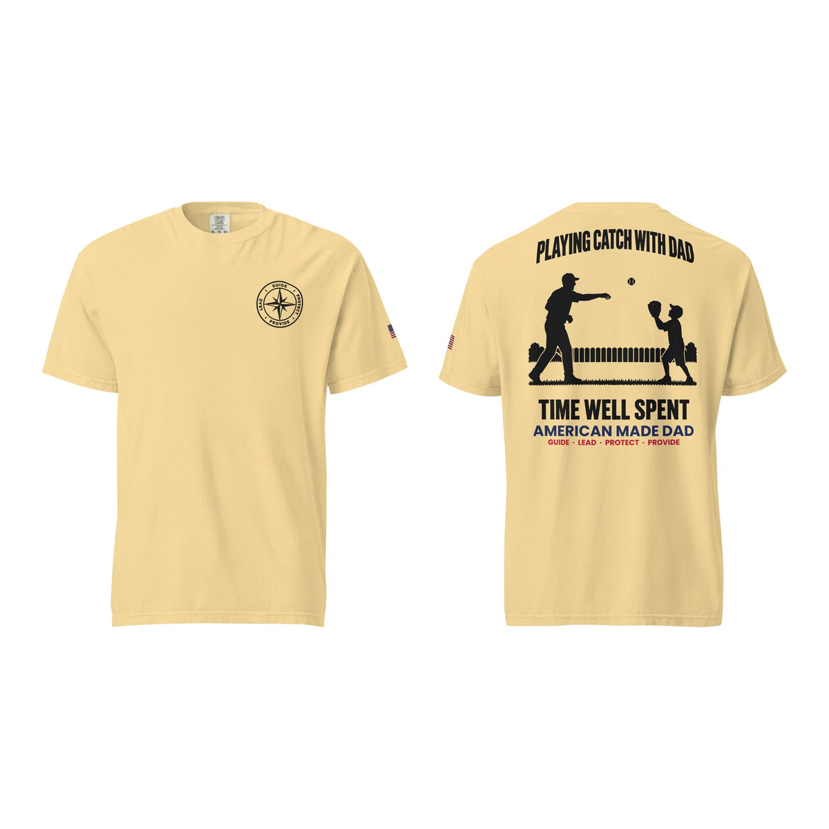 Playing Catch With Dad t-shirt, Butter, front and back