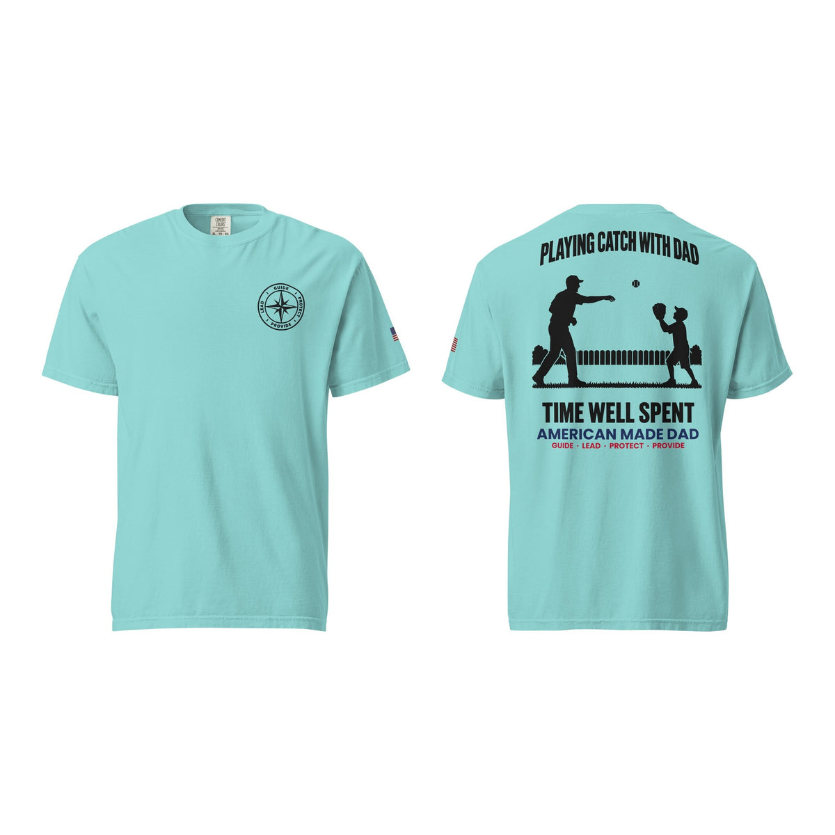 Playing Catch With Dad t-shirt, Lagoon Blue, front and back