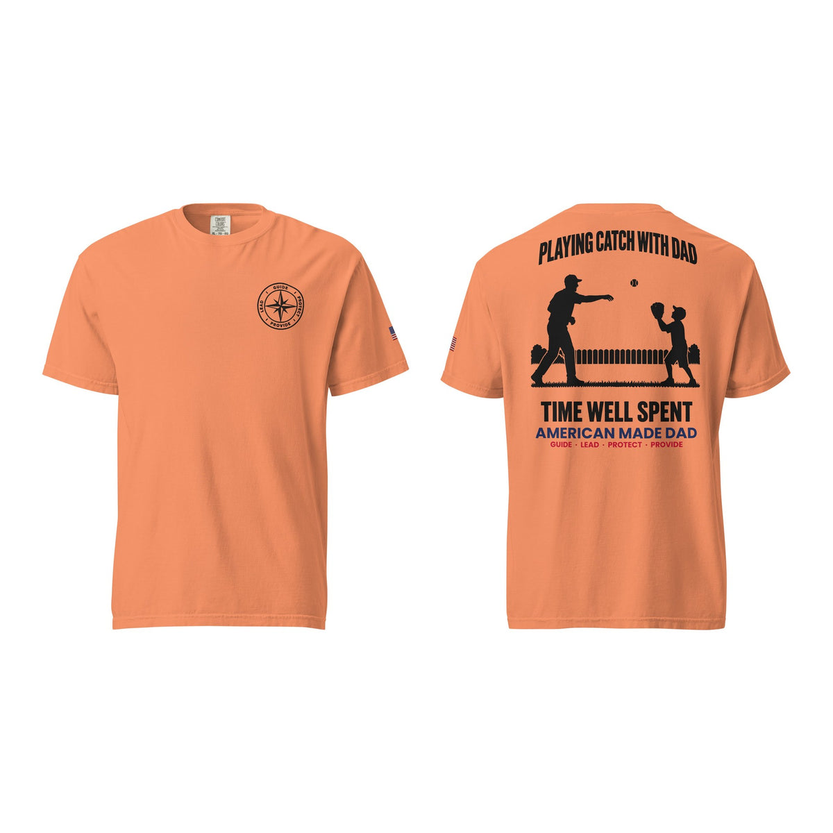 Playing Catch With Dad t-shirt, Terracotta, front and back
