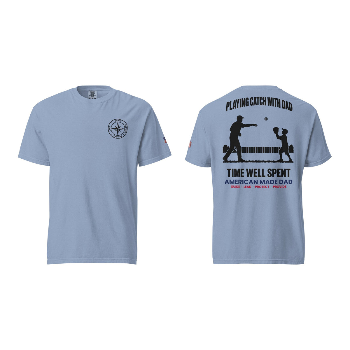 Playing Catch With Dad t-shirt, Washed Denim, front and back