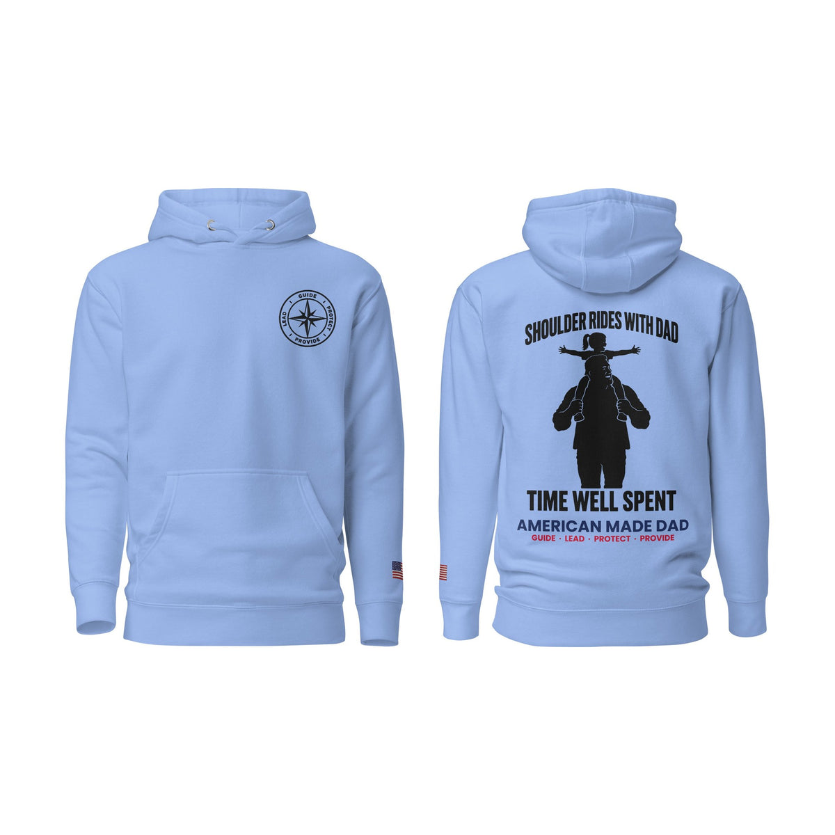 Shoulder Rides With Dad hoodie, Carolina Blue, front and back