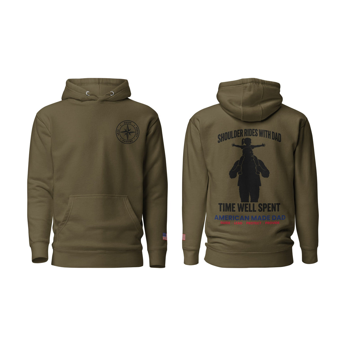 Shoulder Rides With Dad hoodie, Military Green, front and back