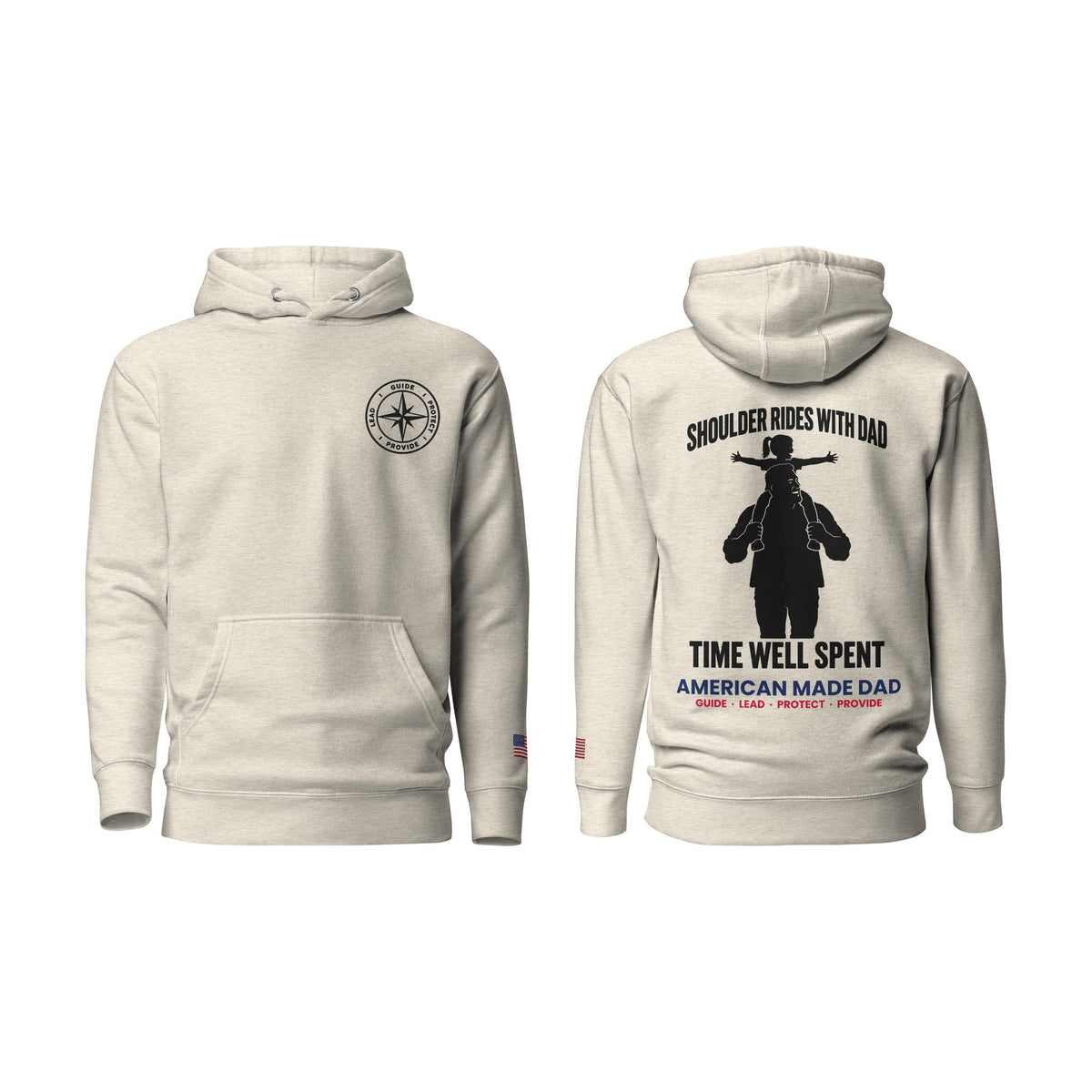 Shoulder Rides With Dad hoodie, Oatmeal Heather, front and back