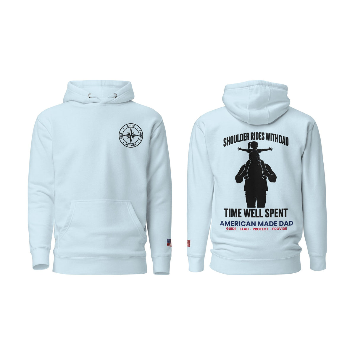 Shoulder Rides With Dad hoodie, Sky Blue, front and back