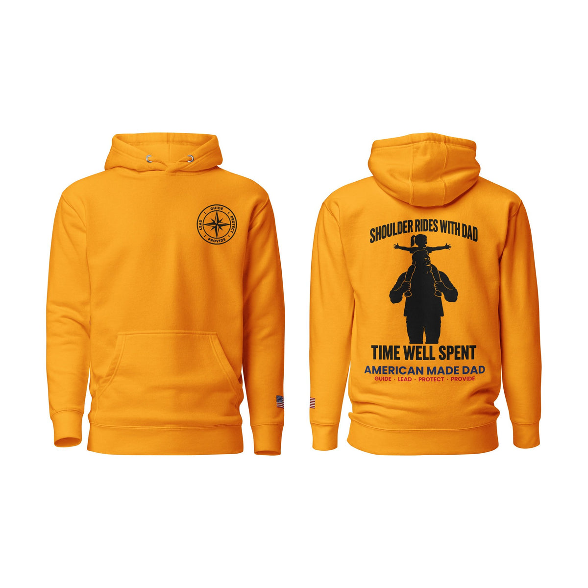 Shoulder Rides With Dad hoodie, Team Gold, front and back