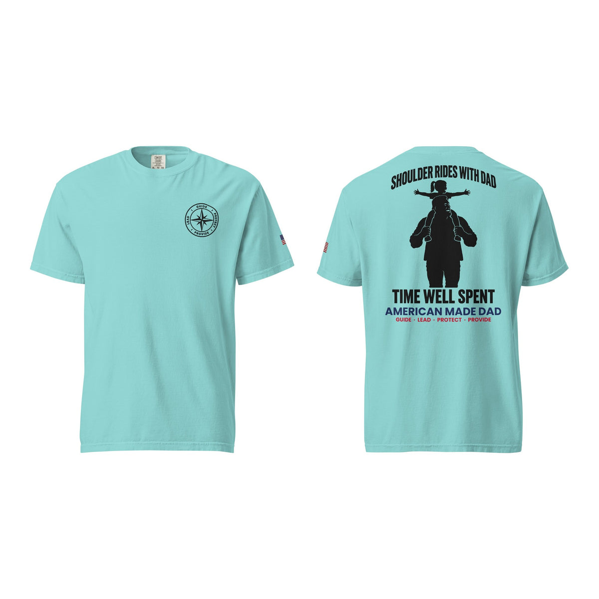 Shoulder Rides With Dad t-shirt, Lagoon Blue, front and back