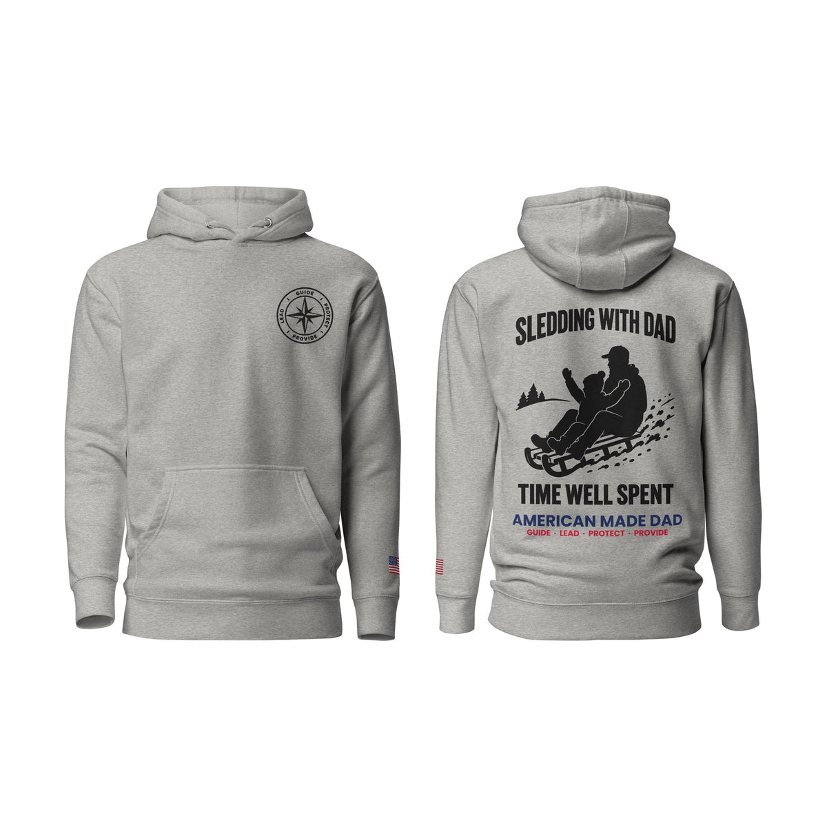 Sledding With Dad hoodie, Carbon Grey, front and back