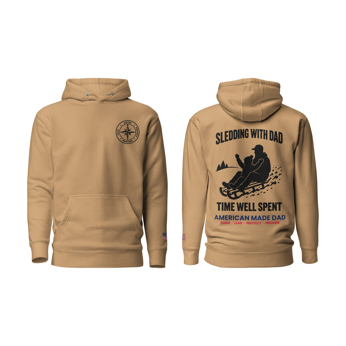 Sledding With Dad hoodie, Khaki, front and back