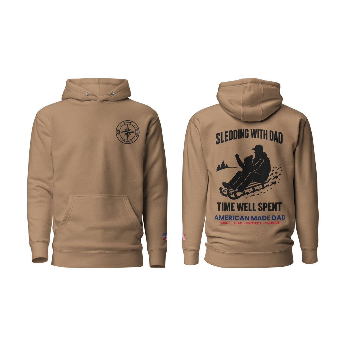 Sledding With Dad hoodie, Latte, front and back