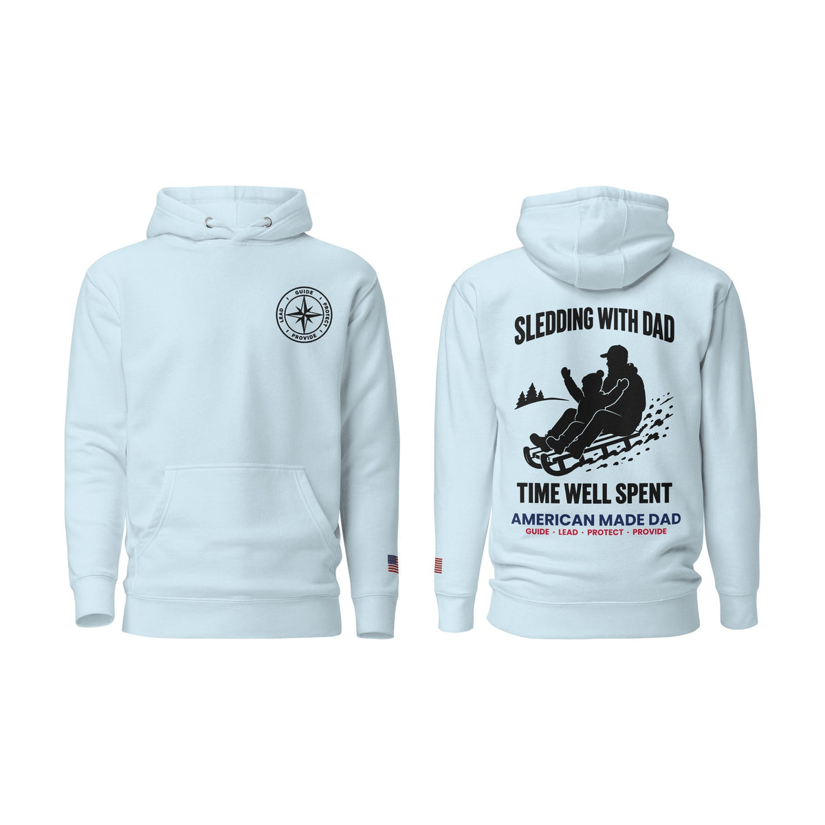 Sledding With Dad hoodie, Sky Blue, front and back