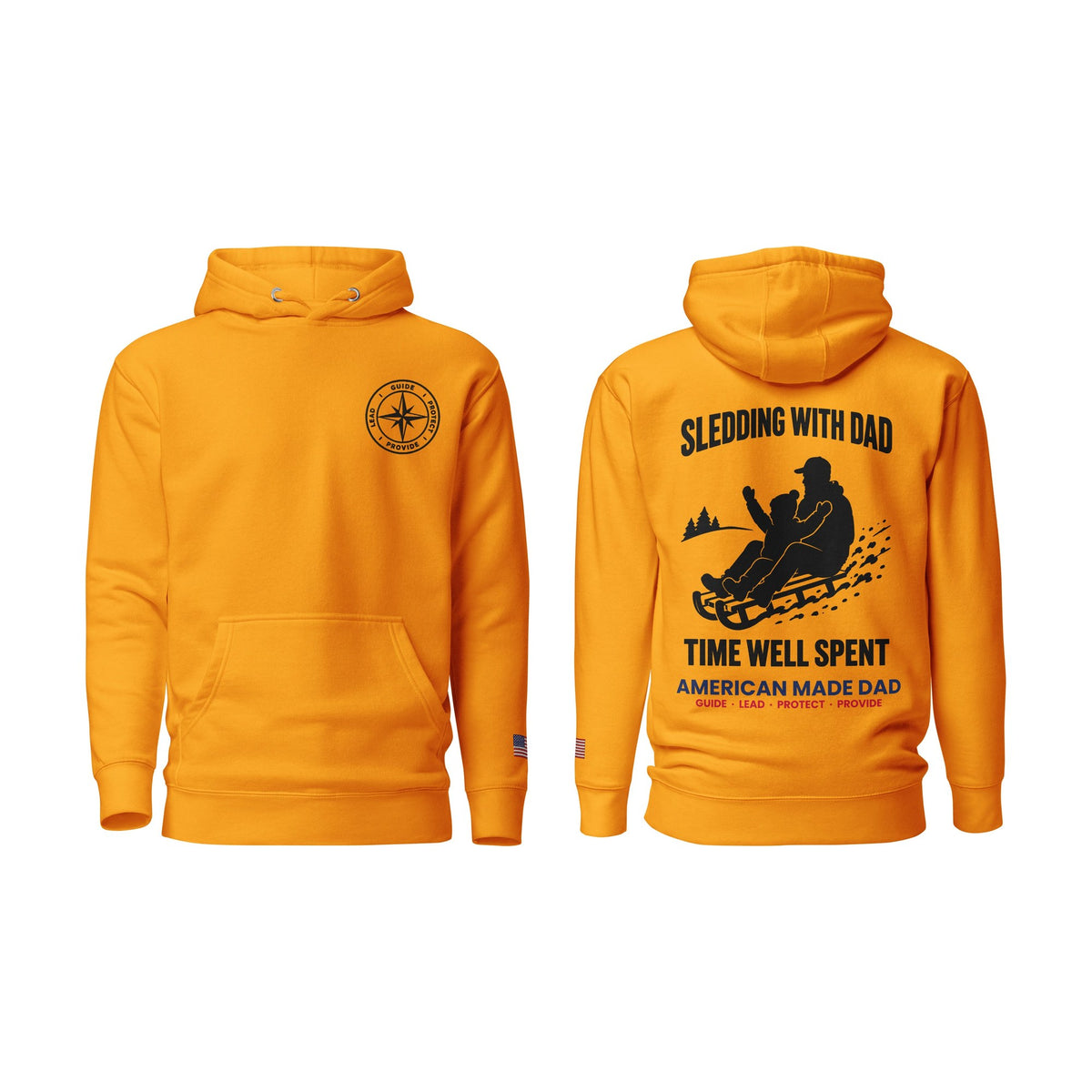 Sledding With Dad hoodie, Team Gold, front and back