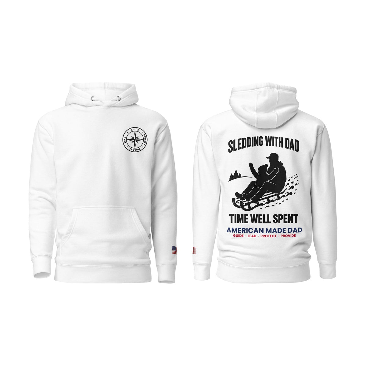 Sledding With Dad hoodie, White, front and back