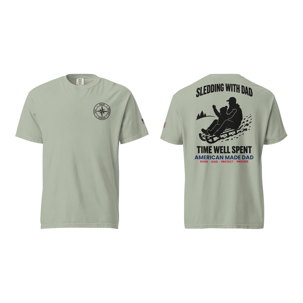 Sledding With Dad t-shirt, Bay, front and back