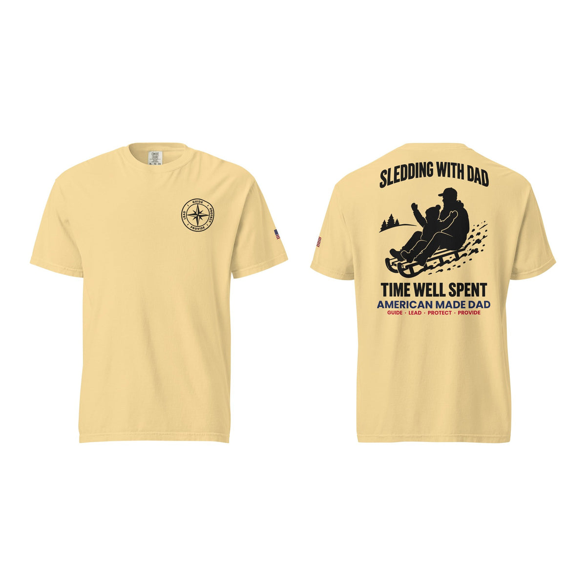 Sledding With Dad t-shirt, Butter, front and back