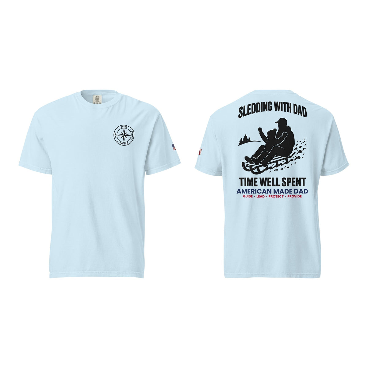 Sledding With Dad t-shirt, Chambray, front and back