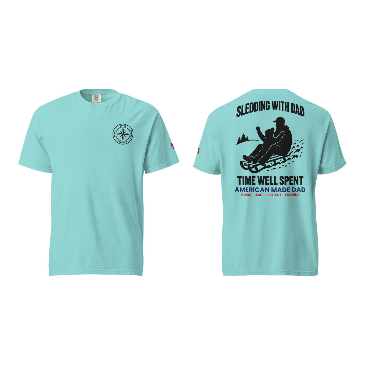 Sledding With Dad t-shirt, Lagoon Blue, front and back