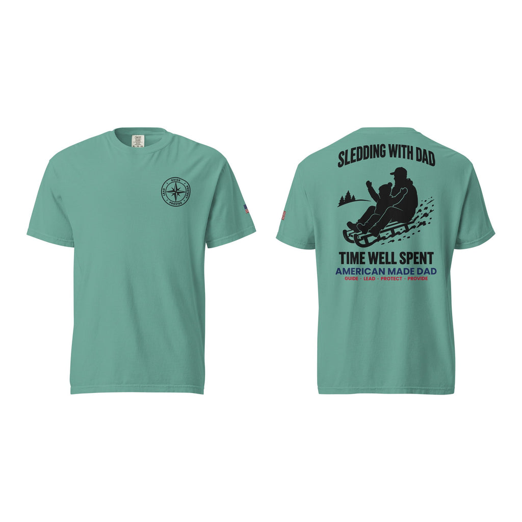 Sledding With Dad t-shirt, Seafoam, front and back
