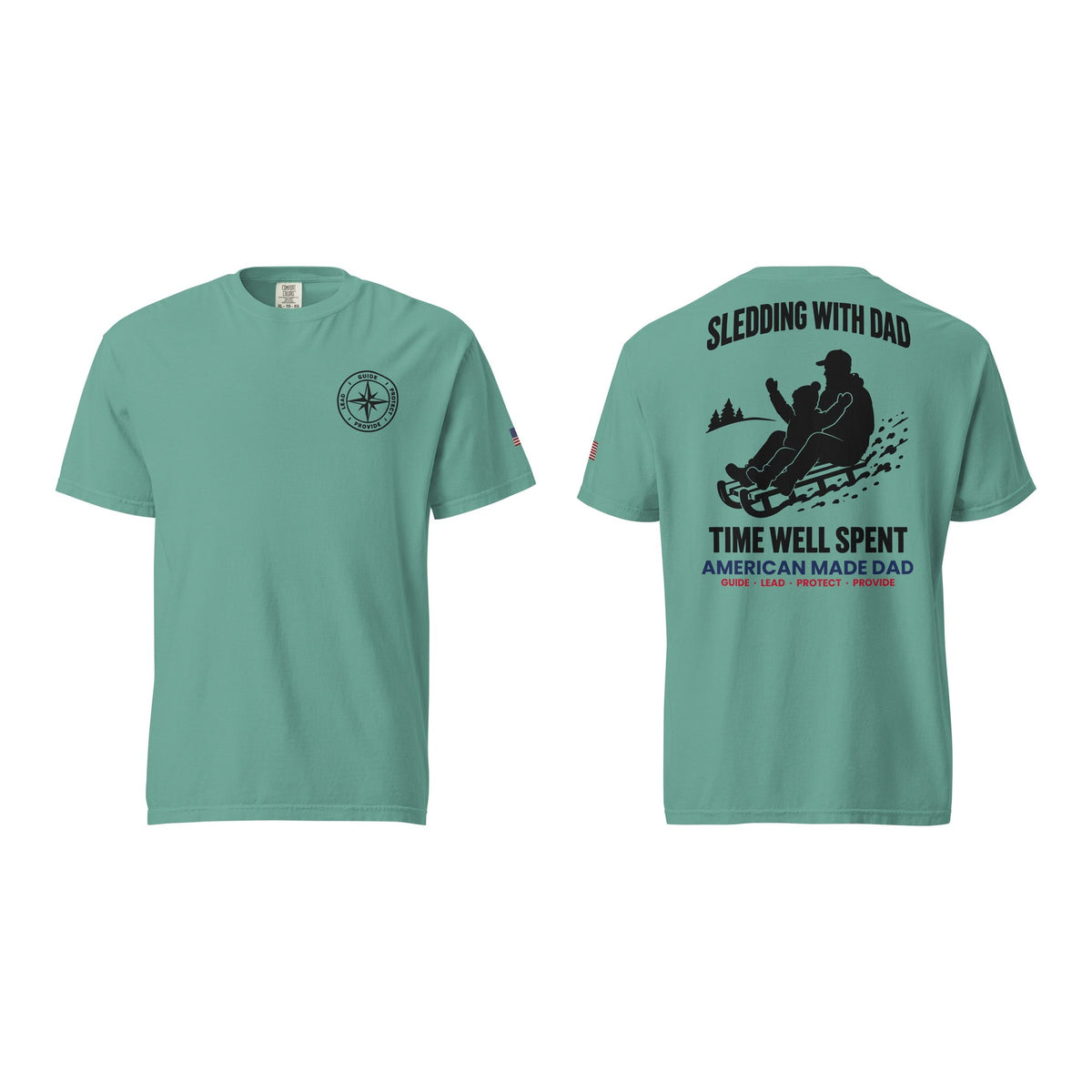 Sledding With Dad t-shirt, Seafoam, front and back