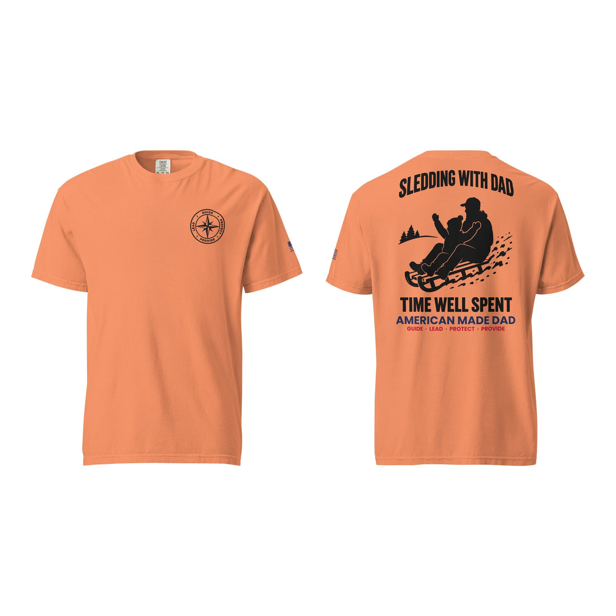 Sledding With Dad t-shirt, Terracotta, front and back