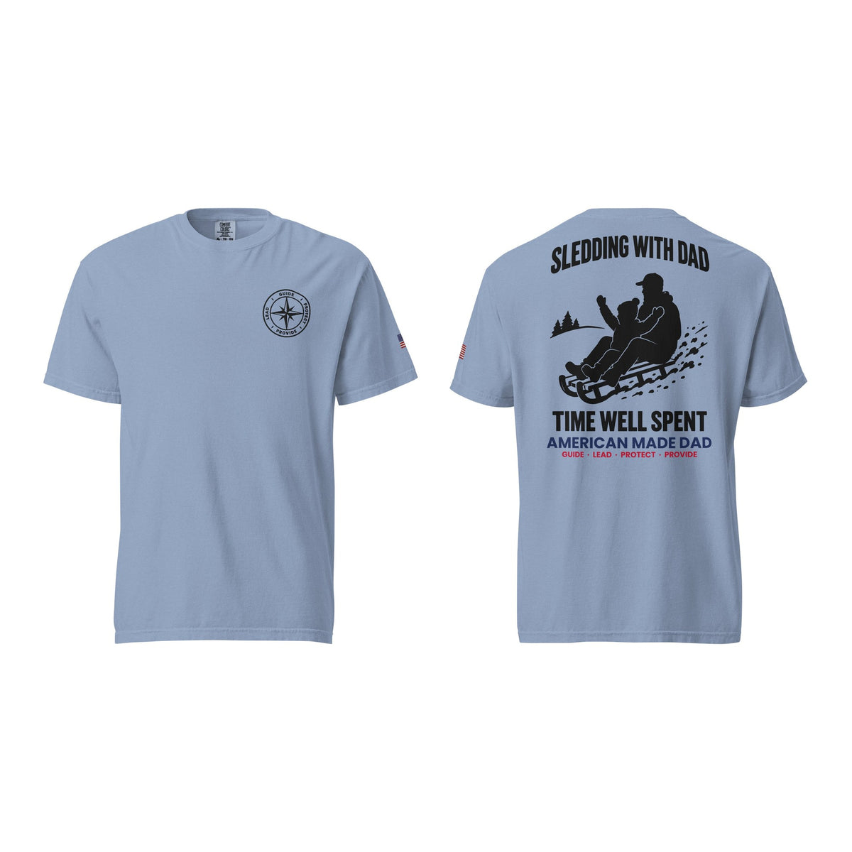 Sledding With Dad t-shirt, Washed Denim, front and back