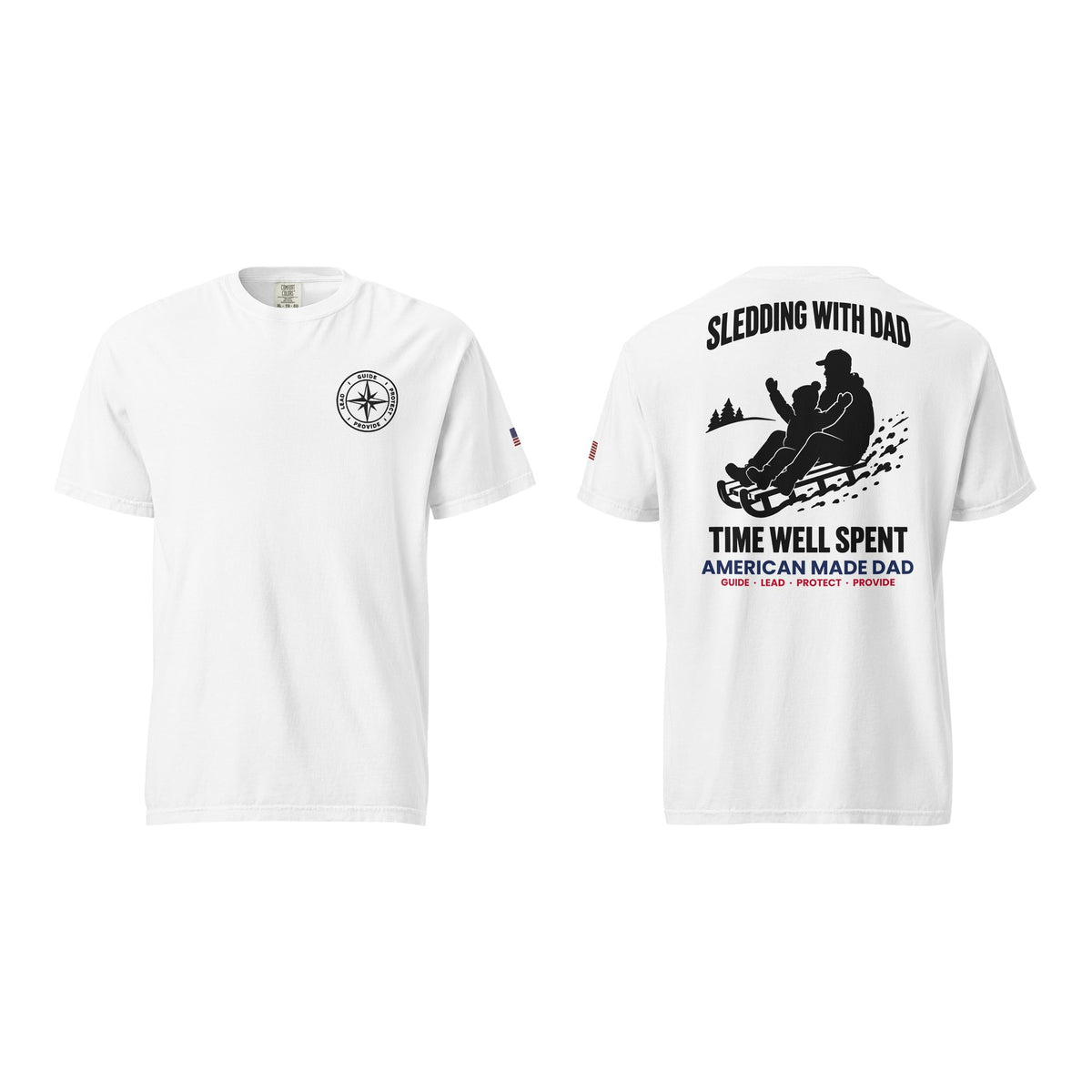 Sledding With Dad t-shirt, White, front and back