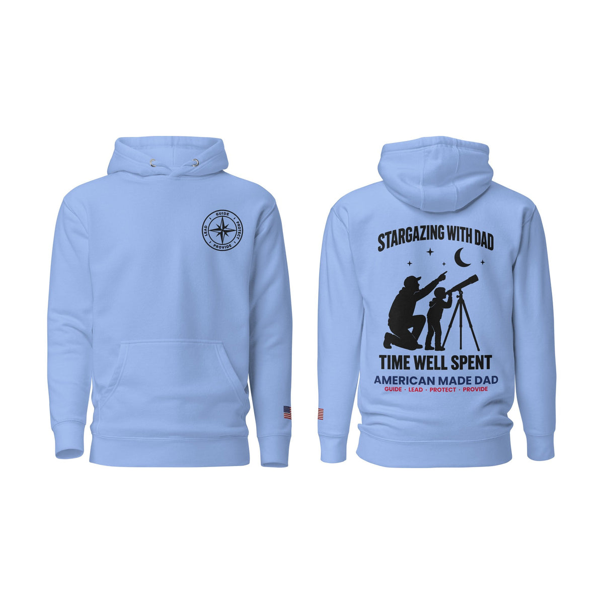 Stargazing With Dad hoodie, Carolina Blue, front and back