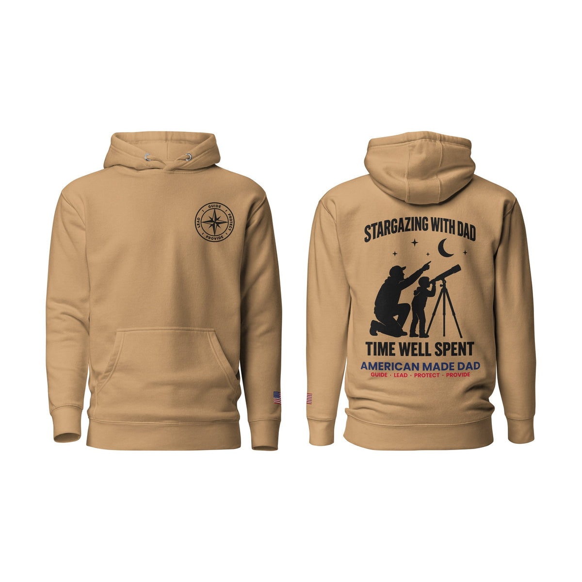 Stargazing With Dad hoodie, Khaki, front and back