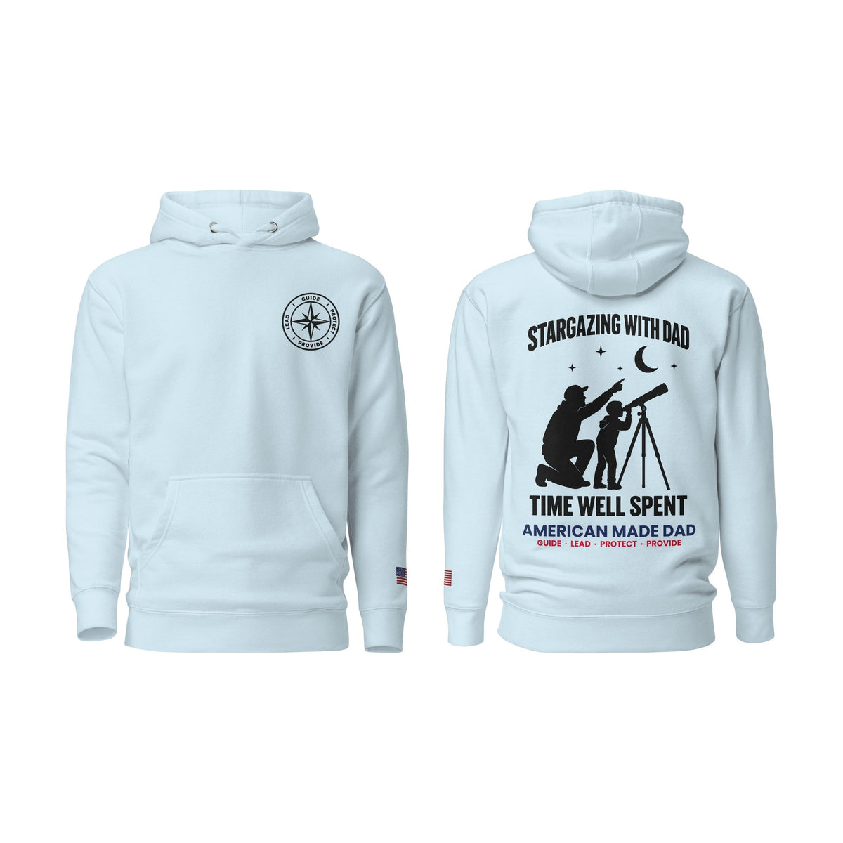 Stargazing With Dad hoodie, Sky Blue, front and back