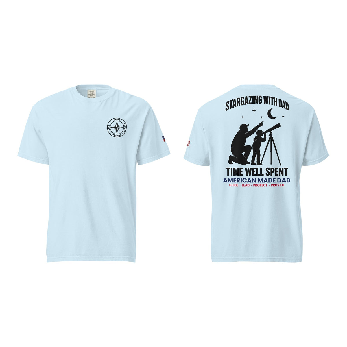 Stargazing With Dad t-shirt, Chambray, front and back