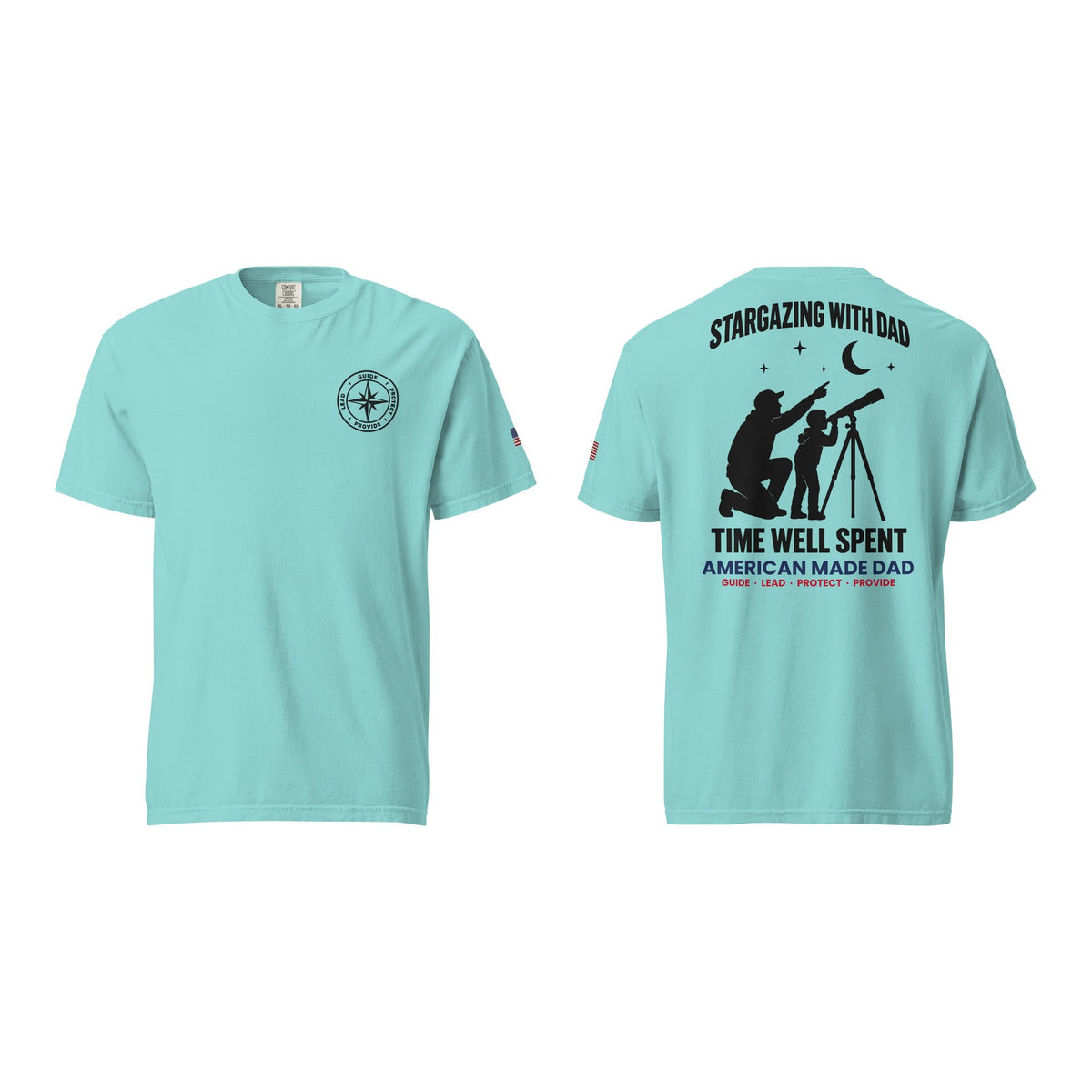 Stargazing With Dad t-shirt, Lagoon Blue, front and back