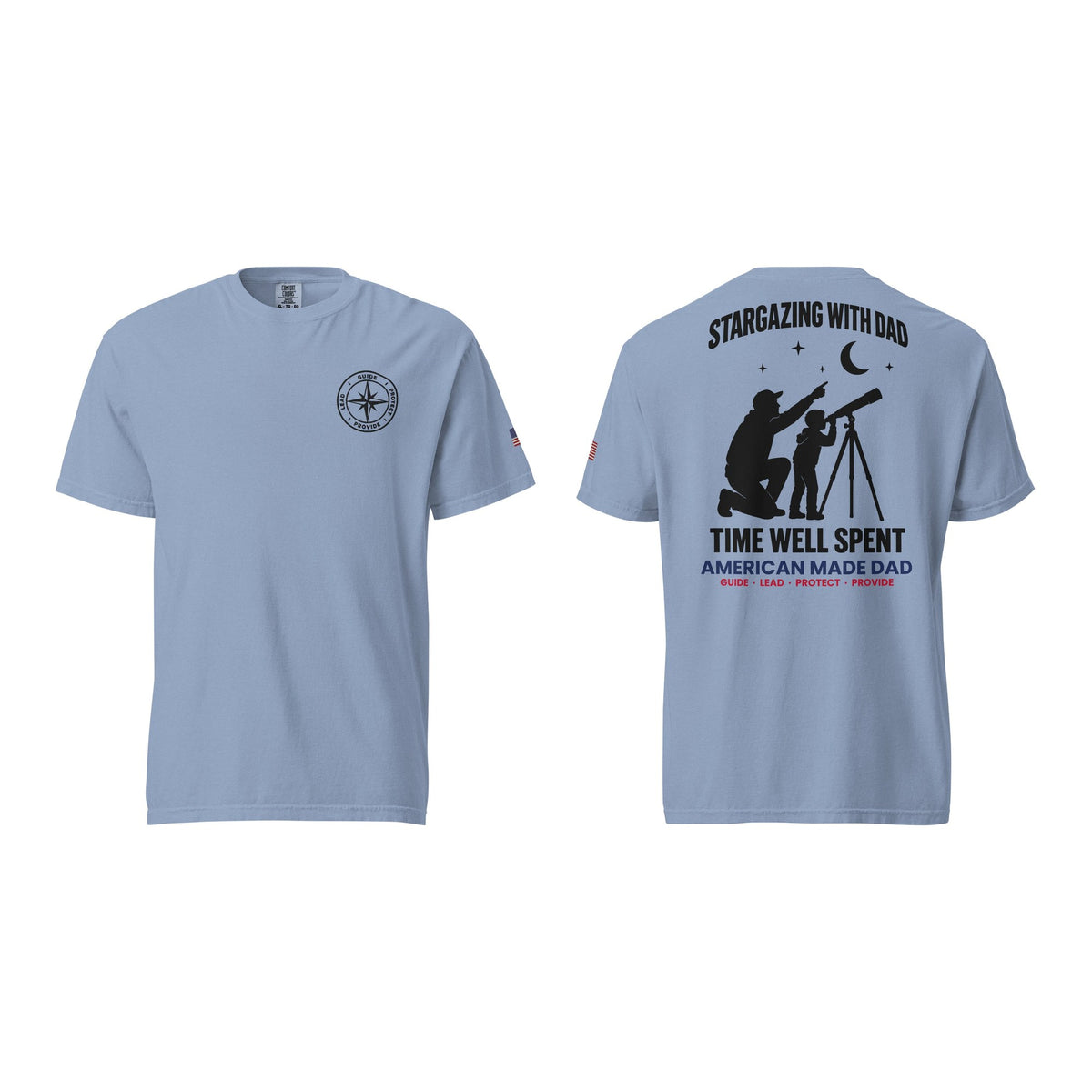 Stargazing With Dad t-shirt, Washed Denim, front and back