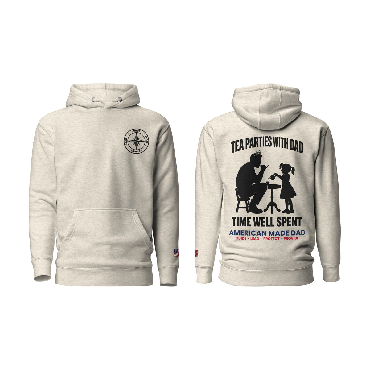 Tea Parties With Dad hoodie, Oatmeal Heather, front and back