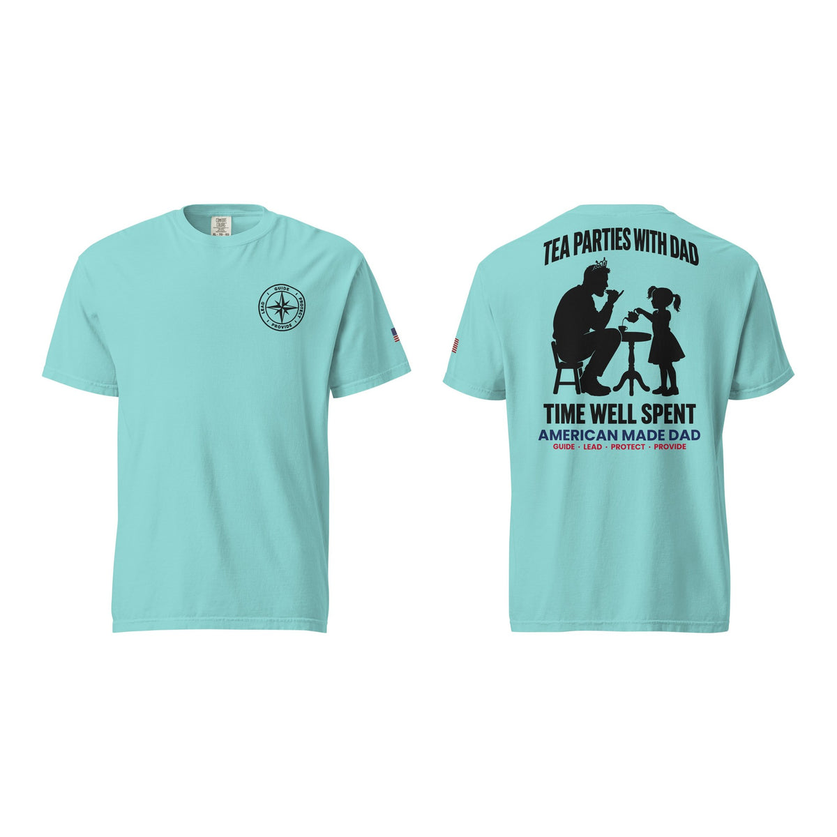 Tea Parties With Dad t-shirt, Lagoon Blue, front and back
