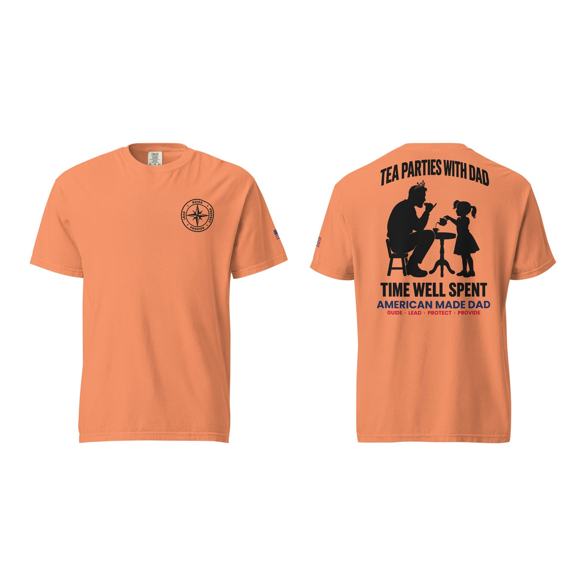 Tea Parties With Dad t-shirt, Terracotta, front and back