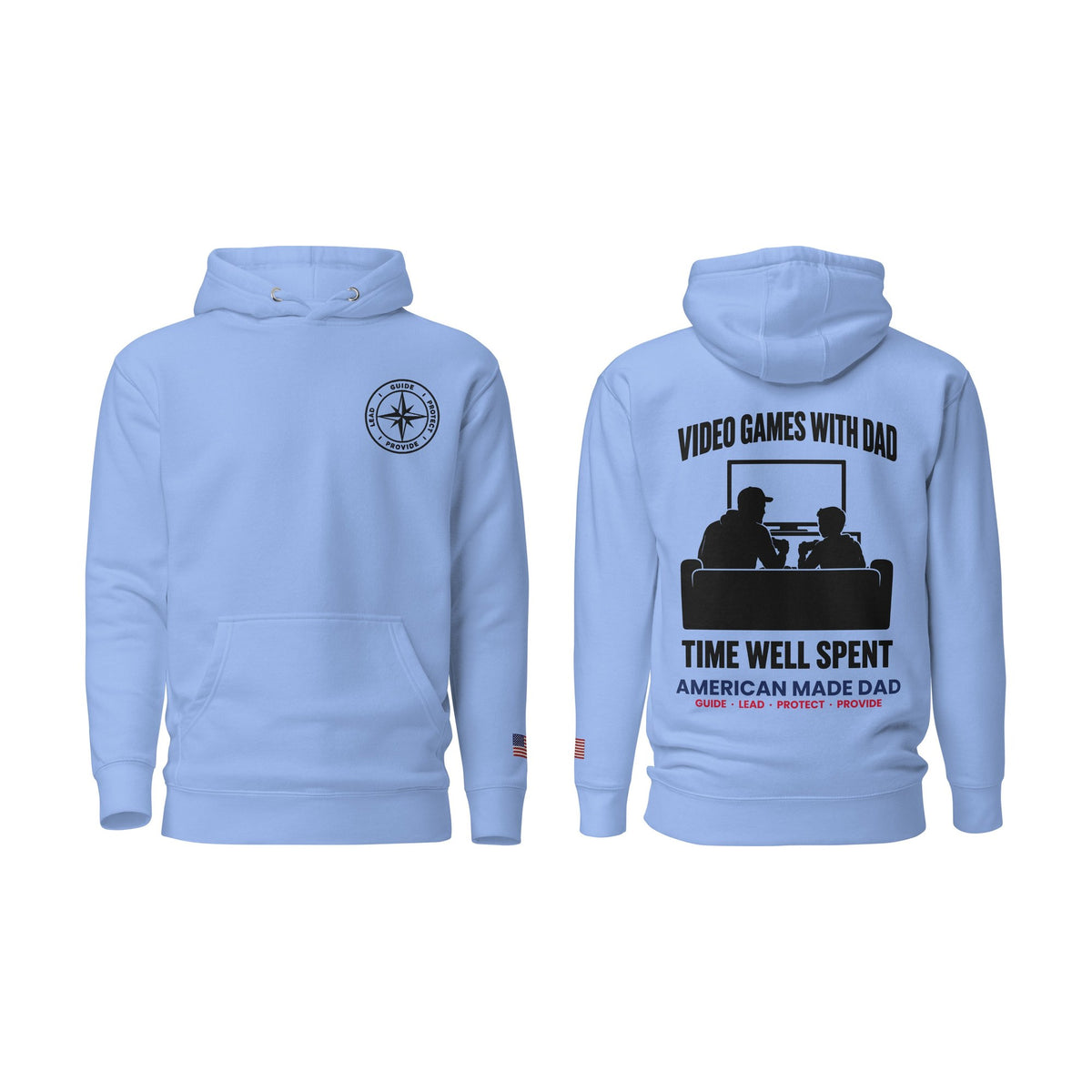 Video Games With Dad hoodie, Carolina Blue, front and back