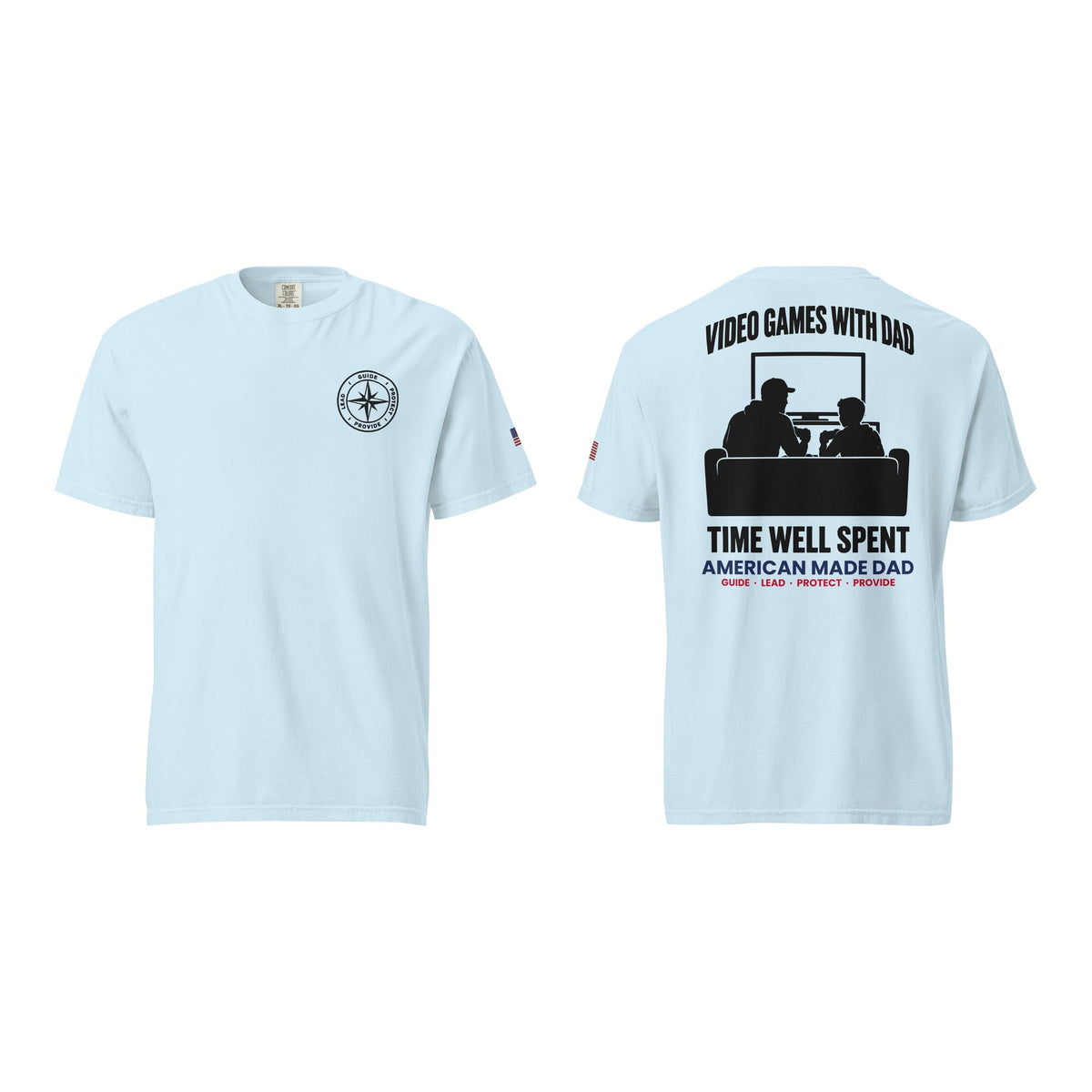 Video Games With Dad t-shirt, Chambray, front and back