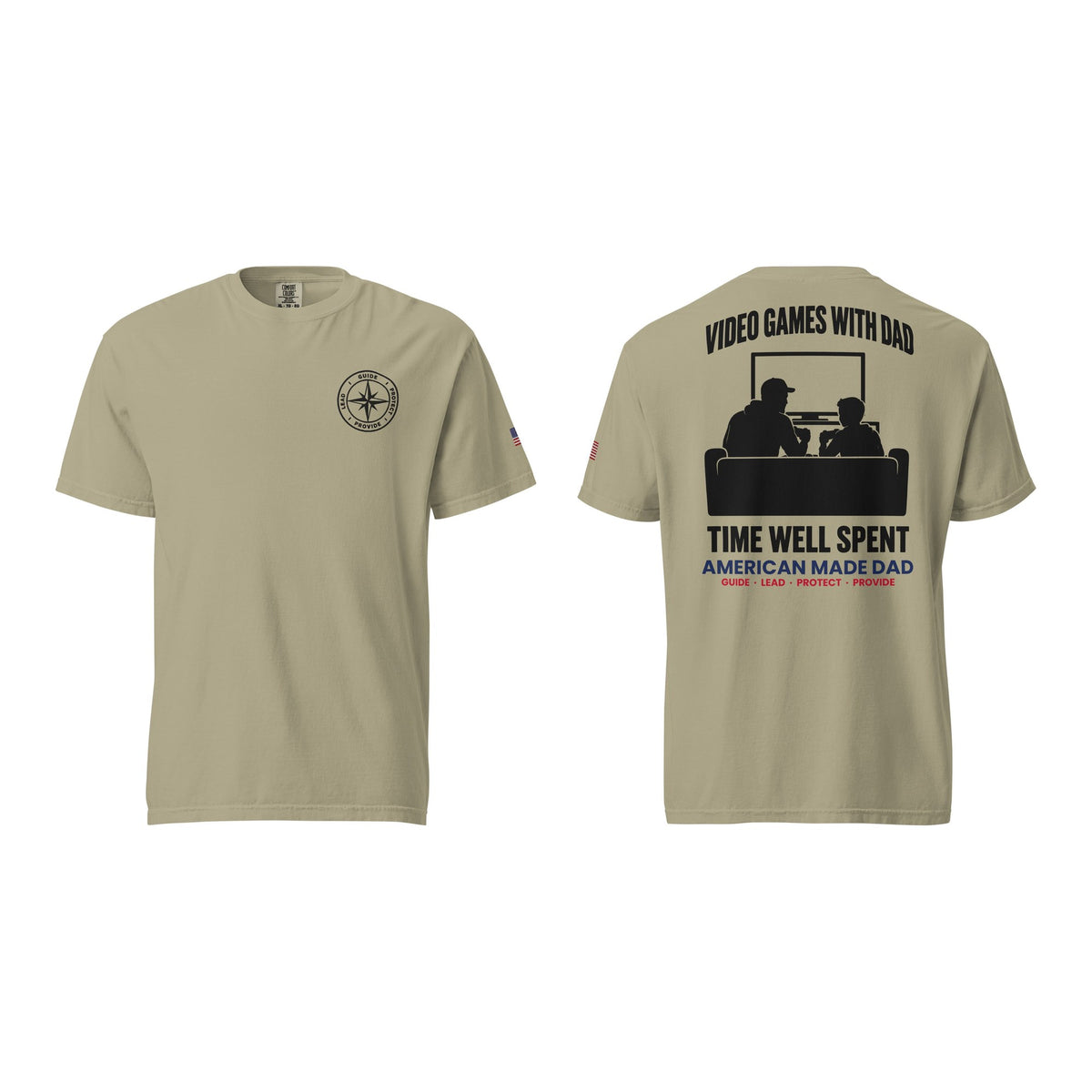 Video Games With Dad t-shirt, Khaki, front and back