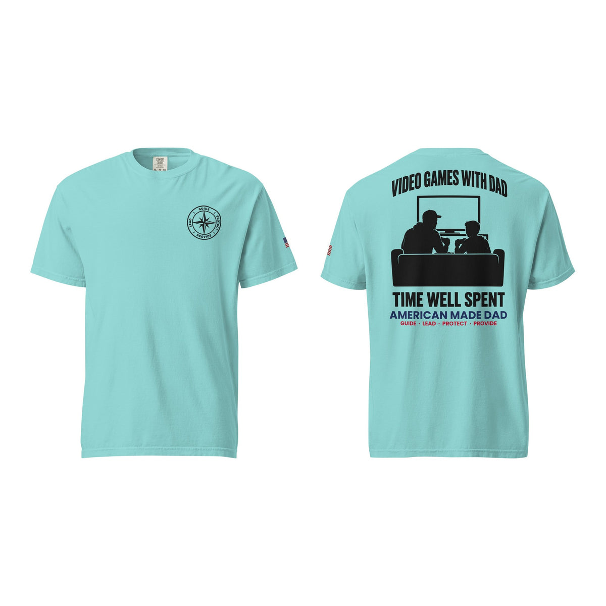 Video Games With Dad t-shirt, Lagoon Blue, front and back