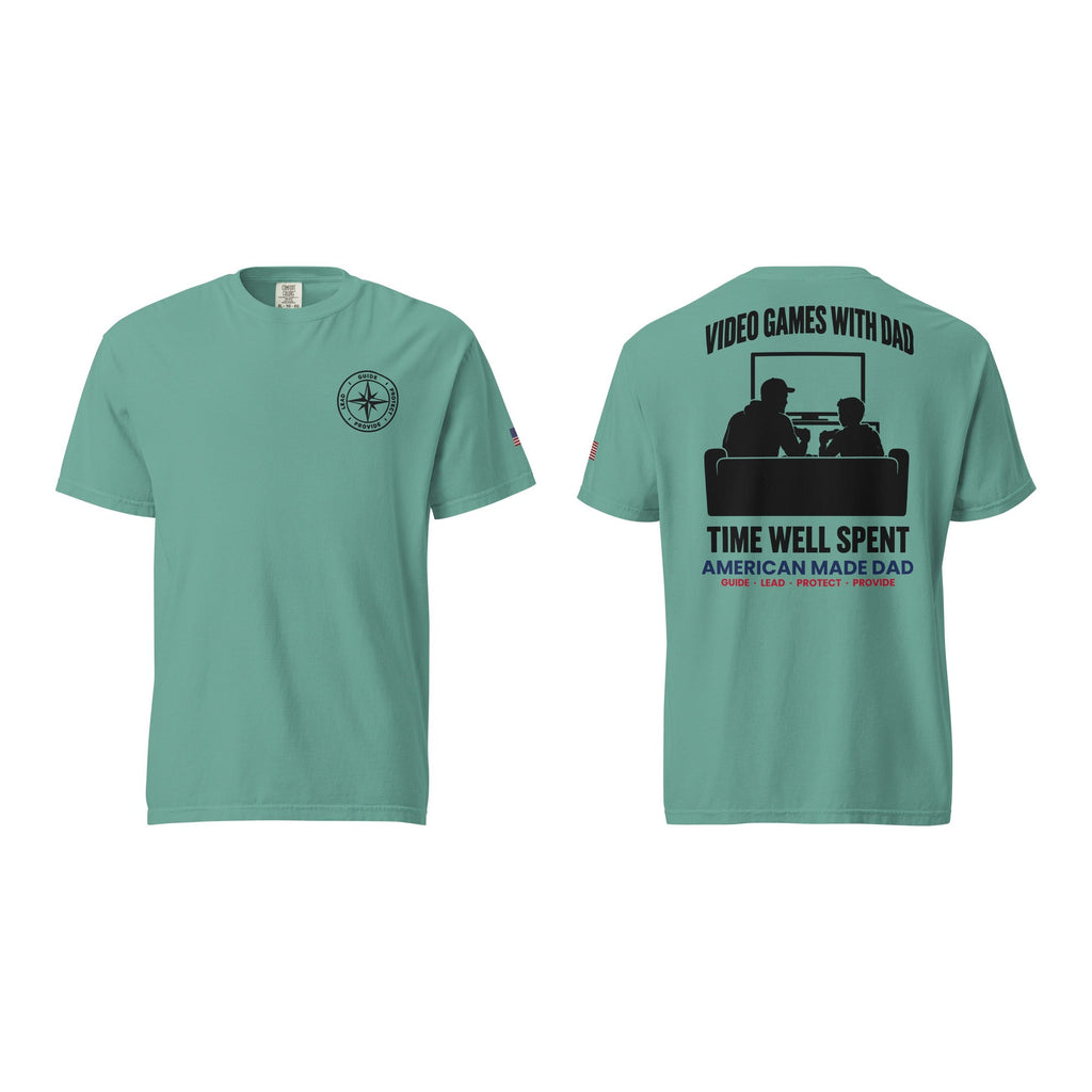 Video Games With Dad t-shirt, Seafoam, front and back
