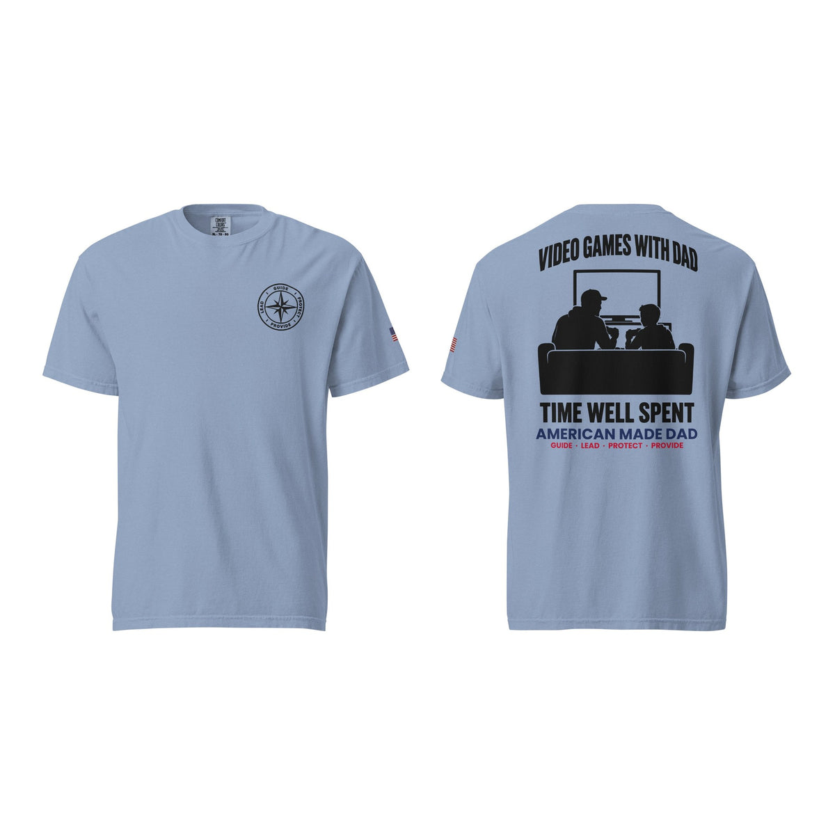 Video Games With Dad t-shirt, Washed Denim, front and back
