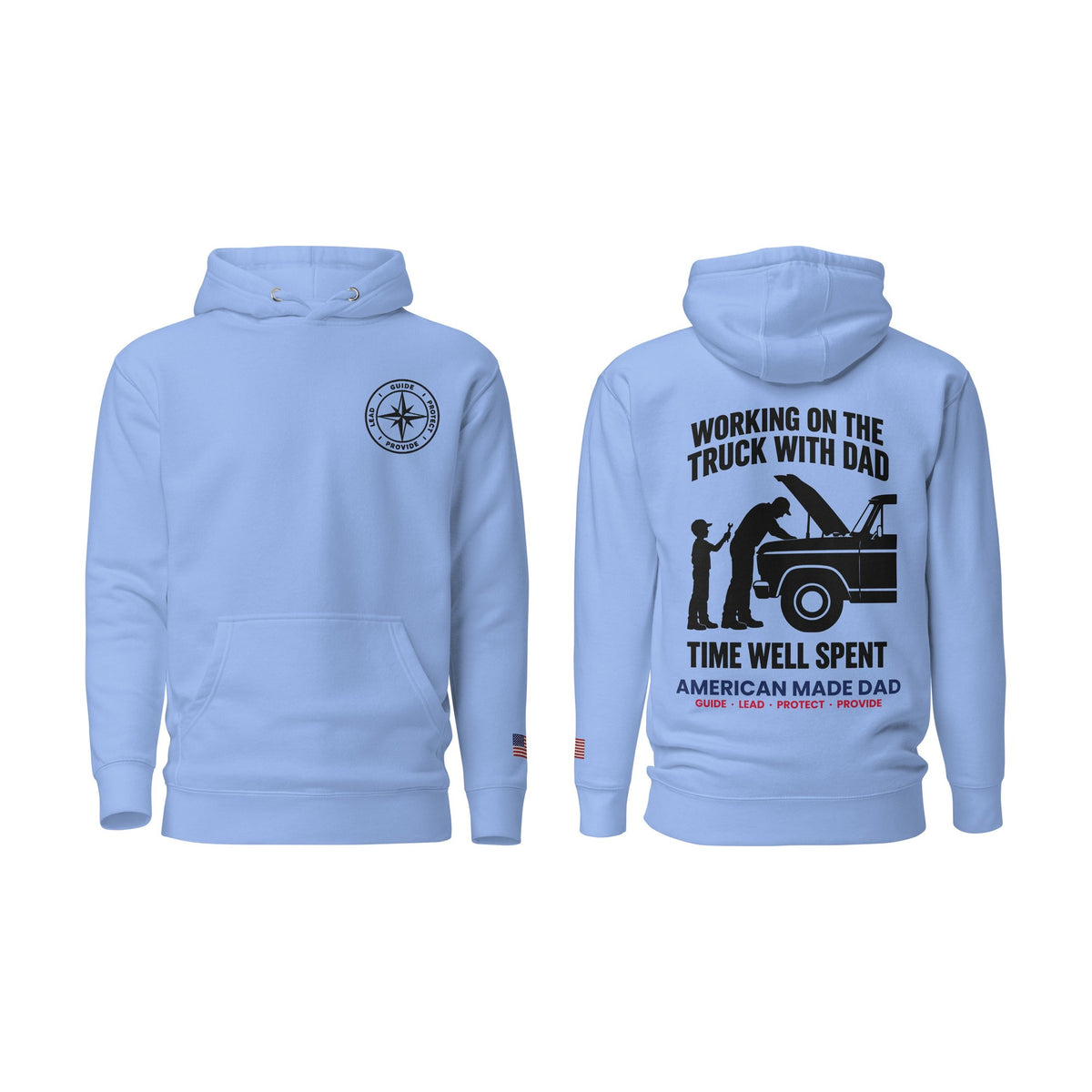 Working On The Truck With Dad hoodie, Carolina Blue, front and back