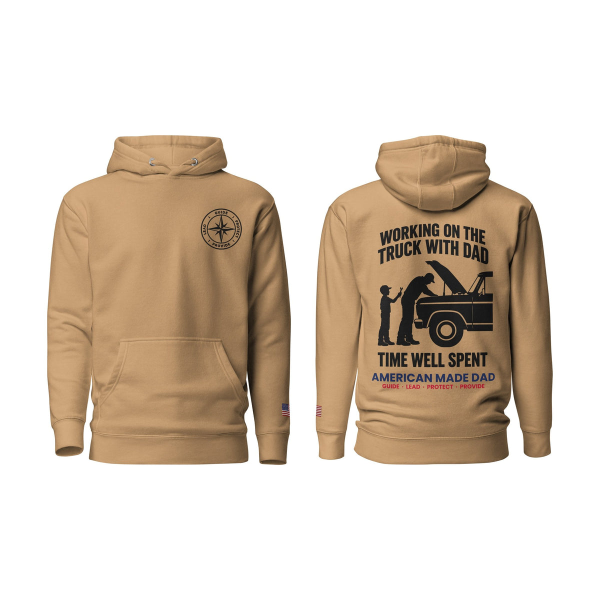Working On The Truck With Dad hoodie, Khaki, front and back
