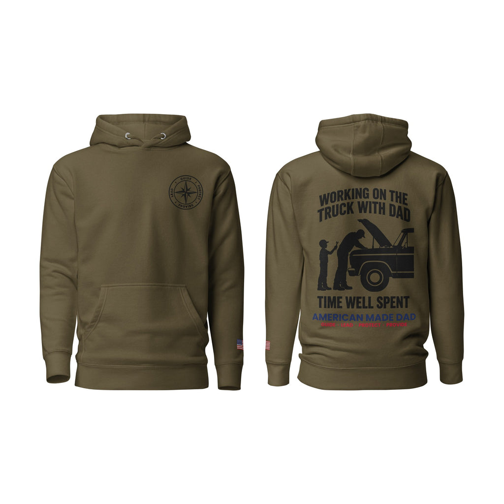 Working On The Truck With Dad hoodie, Military Green, front and back