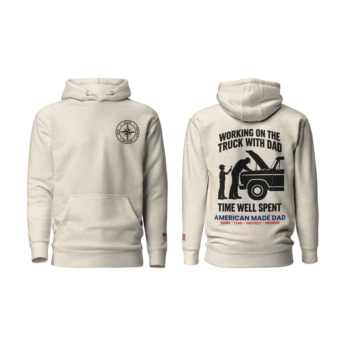 Working On The Truck With Dad hoodie, Oatmeal Heather, front and back