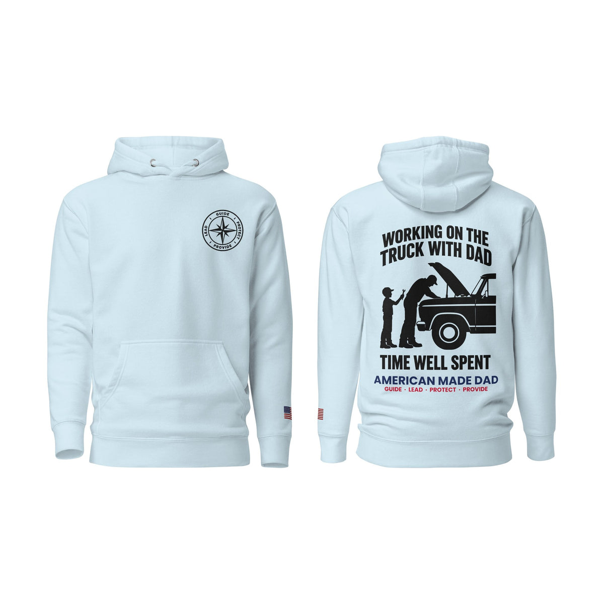 Working On The Truck With Dad hoodie, Sky Blue, front and back