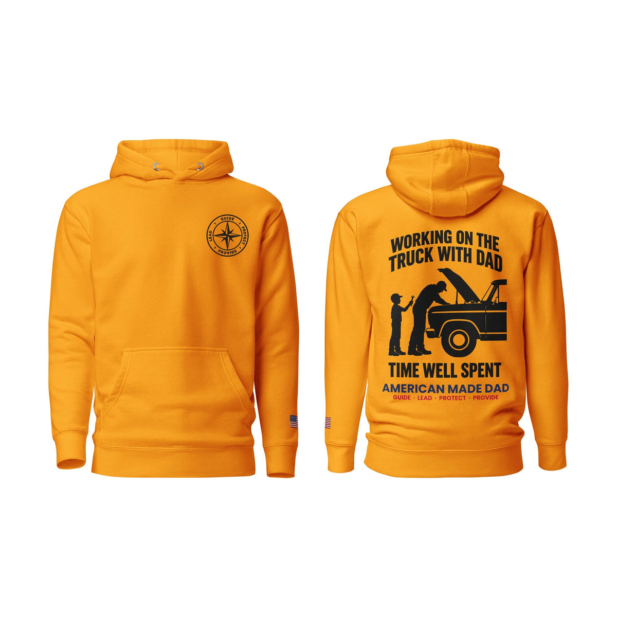 Working On The Truck With Dad hoodie, Team Gold, front and back