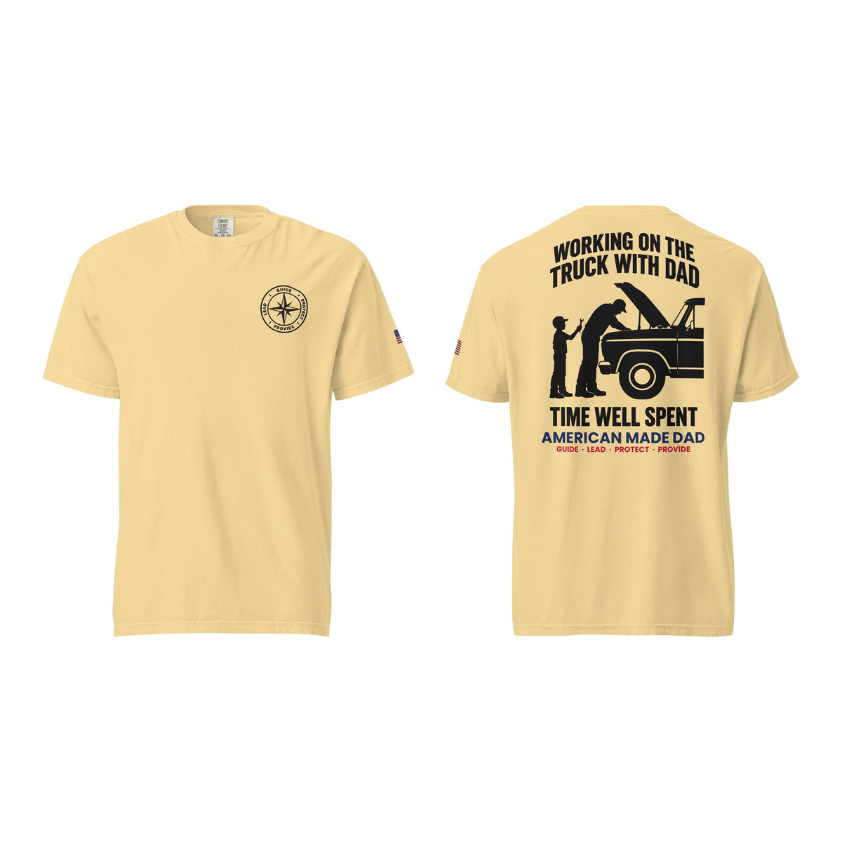 Working On The Truck With Dad t-shirt, Butter, front and back