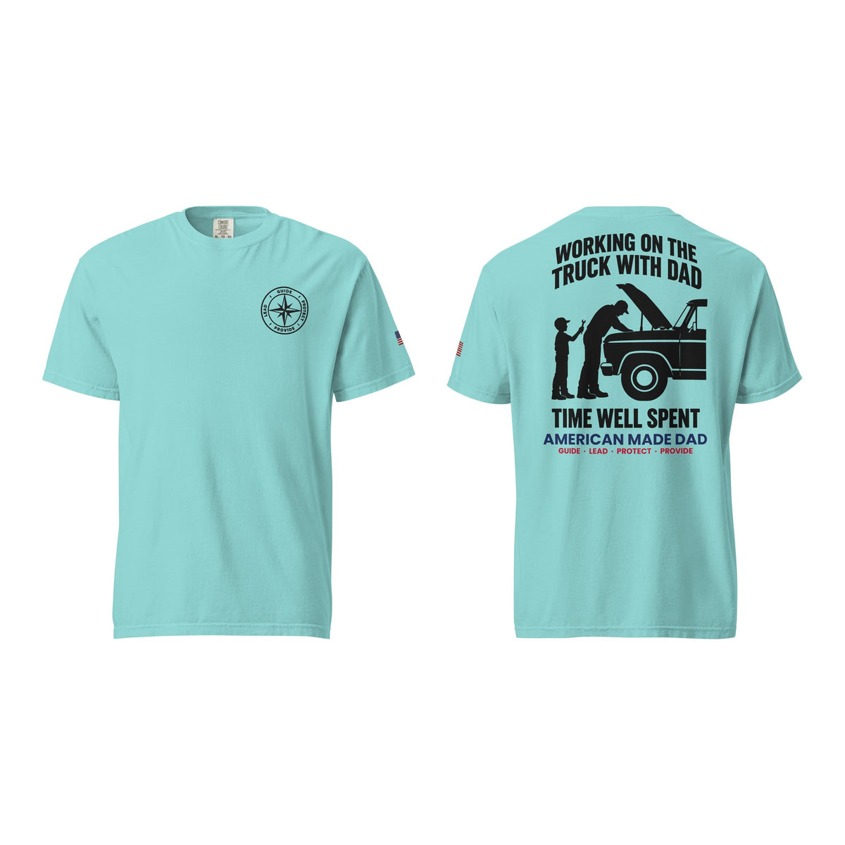 Working On The Truck With Dad t-shirt, Lagoon Blue, front and back